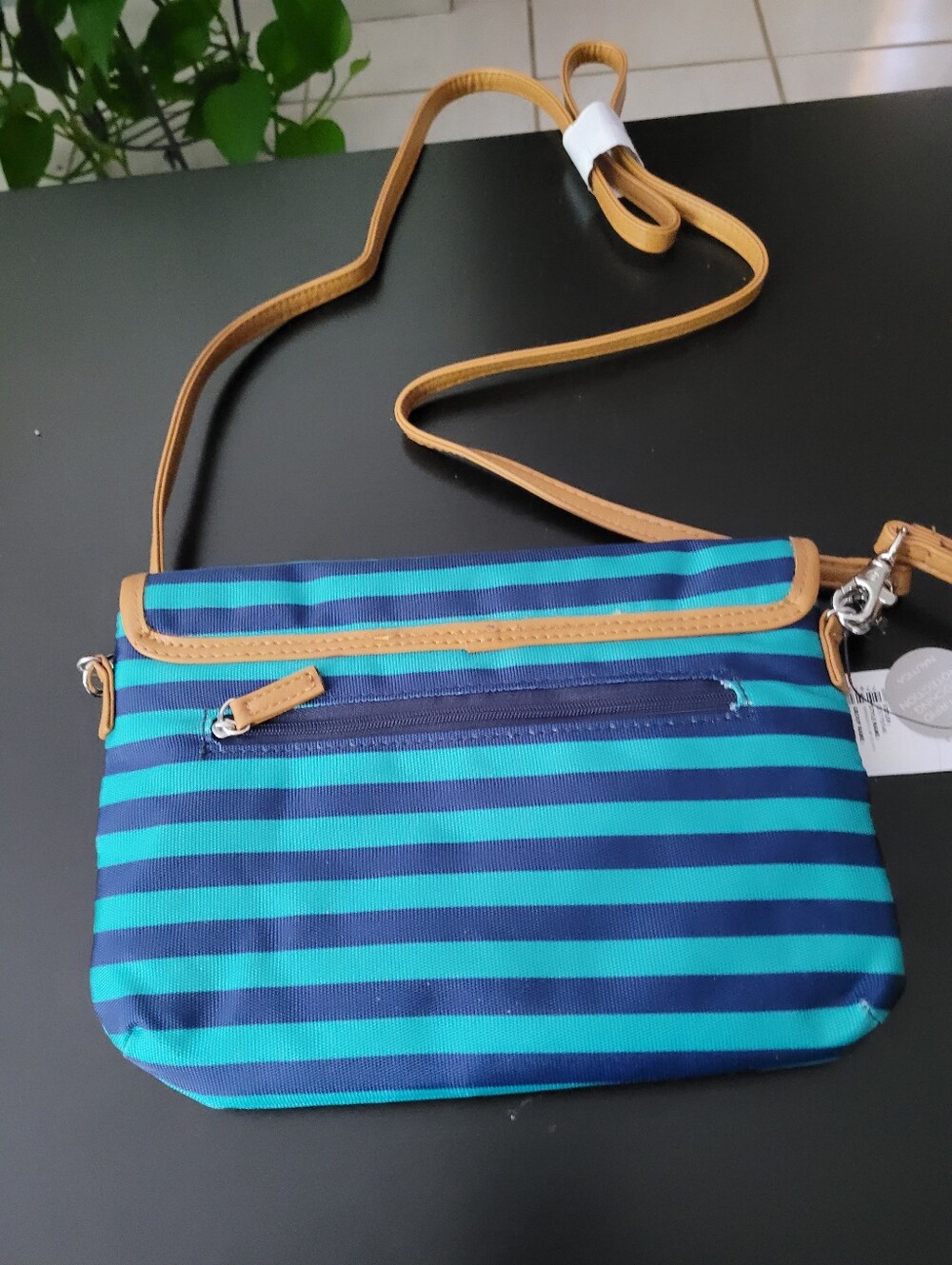 Nautica Teal & Navy Striped Crossbody with Tan Trim - Picture 2 of 6